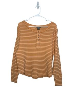 Natural Reflections Women's Yellow Stripe Waffle-Knit Henley Long Sleeve Top Sm.